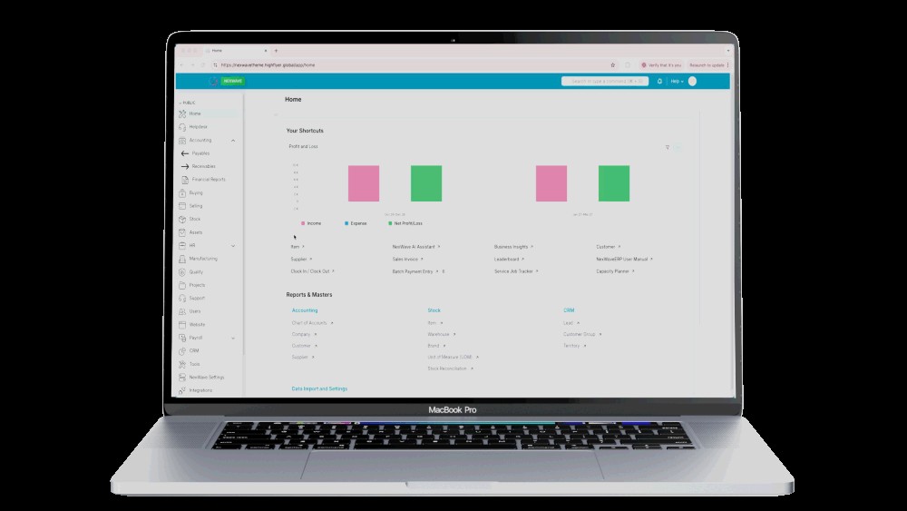 NexWave ERP dashboard shown on a laptop